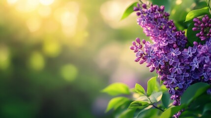 Obraz premium A vibrant lilac bush bursts with fragrant blossoms in the warm glow of sunlight, symbolizing beauty, spring, growth, nature, and fragrance.