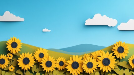 Fototapeta premium A vibrant papercraft landscape features a field of sunflowers blooming under a clear blue sky with fluffy clouds. The scene evokes a sense of joy, warmth, and the beauty of nature.
