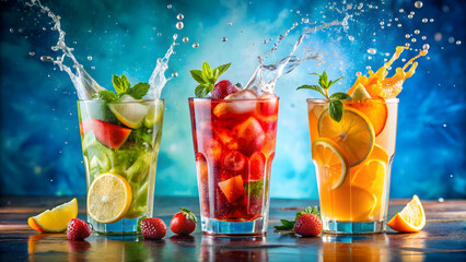 Summer fruity soft drinks with splashes in tall glasses on a blue background, Refreshing, beverages, tropical, cocktail, juicy