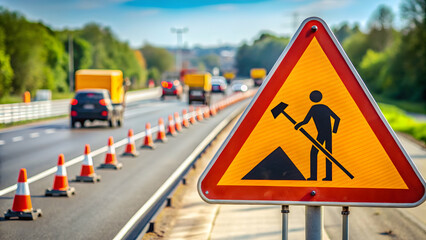 Road maintenance traffic warning signs and symbols on a busy highway, road, maintenance, traffic, warning, signs, symbols
