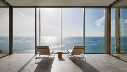 Fototapeta premium a modern, minimalist interior space featuring two lounge chairs positioned in front of a large glass window. The window offers a panoramic view of the ocean, with calm waters extending to the horizon.