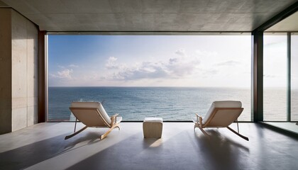 Fototapeta premium a modern, minimalist interior space featuring two lounge chairs positioned in front of a large glass window. The window offers a panoramic view of the ocean, with calm waters extending to the horizon.