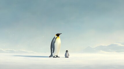 Naklejka premium An adult emperor penguin stands tall and proud next to its much smaller chick, symbolizing parental care, family, and the cycle of life in the harsh yet beautiful Antarctic environment.