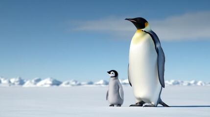 Obraz premium An adult emperor penguin stands proudly with its chick in the vast and snowy landscape of Antarctica. The parent's protective gaze and the chick's curious stance symbolize family, love, and the cycle
