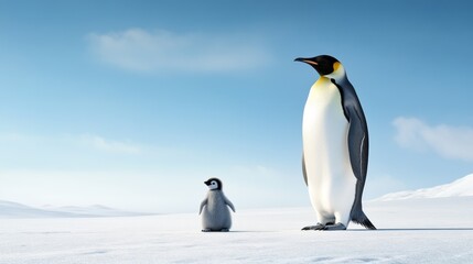 Fototapeta premium An adult emperor penguin stands proudly with its small chick in the vast Antarctic landscape, symbolizing family, protection, and the harsh yet beautiful environment.