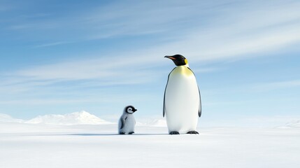 An adult emperor penguin stands proudly with its young chick on the pristine white snow of the Antarctic. The scene symbolizes parental care, family, and the harsh yet beautiful environment of the Sou