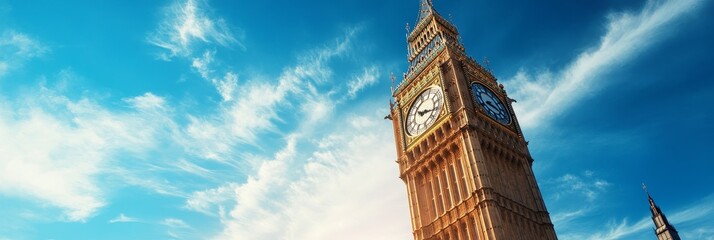 Big Ben Tower with Blue Sky and White Clouds in London, showcasing the iconic clock tower, vibrant blue sky, fluffy white clouds, historical architecture, and British landmark.