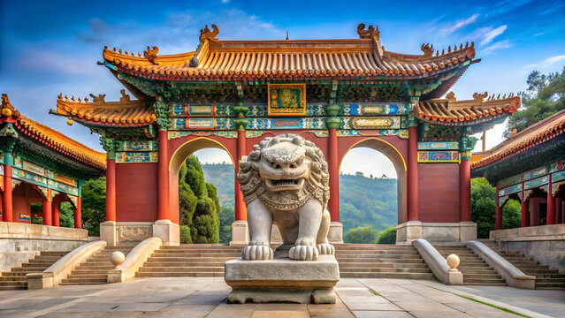 Lion statue guarding entrance with three arches in park of Putuo Zongcheng temple in Chengde, Hebei, China, Lion