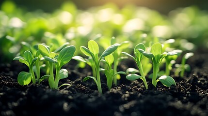 Fresh green sprouts pushing through dark soil, bathed in warm sunlight, with soft shadows creating depth, a close-up view capturing the beauty of new growth in the garden.  --ar 16:9 --no logo