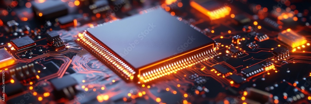 Poster close-up view of an advanced microchip on a circuit board, showcasing intricate circuitry and glowin