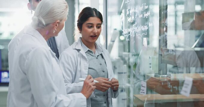 Scientist, team and writing with glass in laboratory for tracking experiment progress, brainstorming and research. Science, collaboration and people with formula for prediction, analysis and theory.