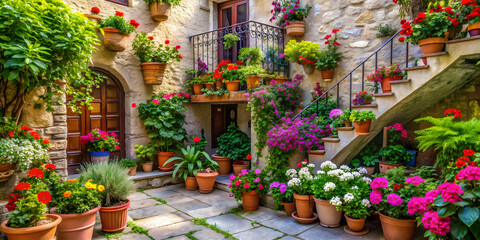 Fototapeta premium Enchanting oasis with lush potted plants and vibrant blooming flowers on a stone balcony, flowers, balcony, oasis