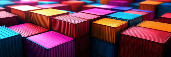 Fototapeta premium Colorful shipping containers stacked high, symbolizing economic growth, international trade, global supply chain, logistics, and business success.