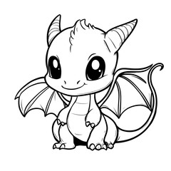 Fototapeta premium Cute cartoon dragon. Black and white cartoon isolated vector illustration on white background for coloring book