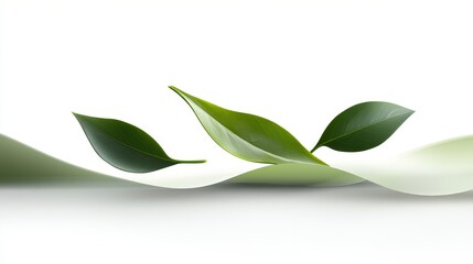 Obraz premium Green leaves on a white paper wave, symbolizing nature, sustainability, growth, freshness, and renewal.
