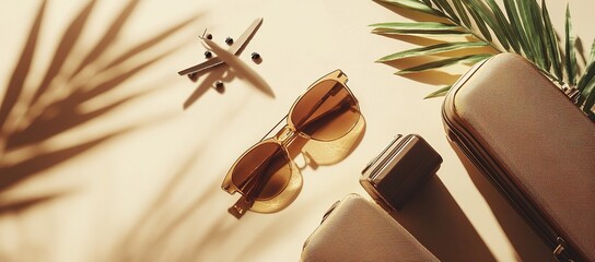 The banner depicts sunglasses, a suitcase and a plane silhouette on a beige background