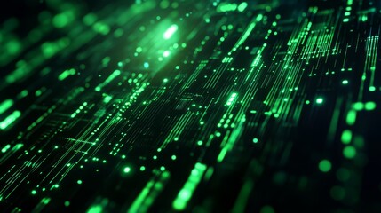 Futuristic digital interface with green data flow representing technology, innovation, connection, and the future of data.