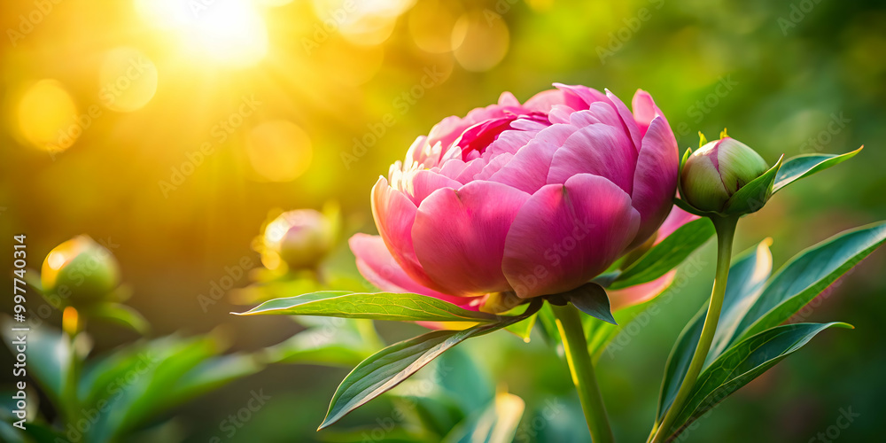 Sticker Close-up of a peony flower bud in sunlight, peony, flower, bud, close-up, petals, pink, beauty, nature, garden, plant, blooming