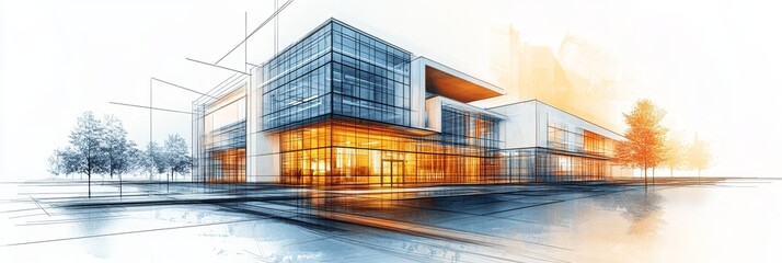 Modern Architectural Sketch of a Building Design showcasing contemporary design, glass facade, urban landscape, and a blend of architectural lines and watercolor elements.