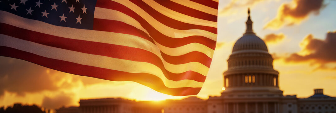 The American flag waves proudly in the golden light of sunset, symbolizing freedom, unity, and the enduring spirit of the United States. The US Capitol building stands tall in the background, represen