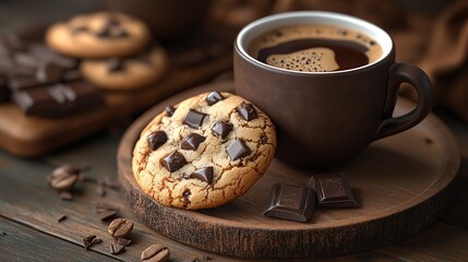 Close-up of a chocolate chip cookie with a cup of coffee and chocolate pieces on a wooden surface.