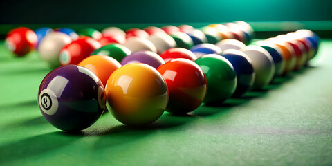 Billiard balls on a green table, billiards, pool, game, cue, snooker, sport, leisure, recreation, colorful, round