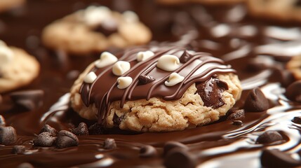 Closeup of a chocolate chip cookie with chocolate drizzle and white chocolate chips.