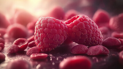 A close-up of two raspberries with one of them being cut in half