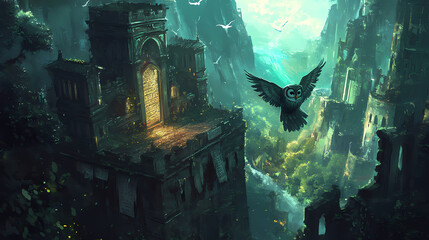 An owl wizard in a tower with ancient scrolls. outside building is a fantasy world. Wizard's Tower. Illustration