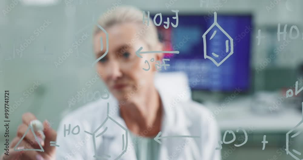 Poster formula, science and writing on glass in laboratory with woman calculating equation for development.
