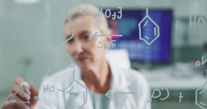 Formula, science and writing on glass in laboratory with woman calculating equation for development. Pen, solve and window with doctor or scientist working on solution for pharmaceutical breakthrough