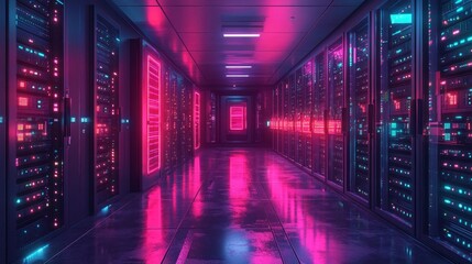 Fototapeta premium Neon-Lit Data Server Room Generative AI