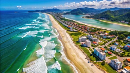 Fototapeta premium Aerial view of beautiful beach in Florianopolis, Brazil , beach, Brazil, aerial view, coast, ocean, sand