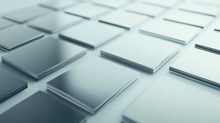 Sleek, reflective surfaces arranged in grid pattern create modern and minimalist aesthetic. composition emphasizes depth and light, evoking sense of tranquility and order