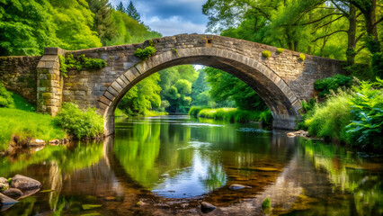 Old stone bridge arching over river with lush greenery surrounding it, bridge, old, ancient, stone, architecture, river