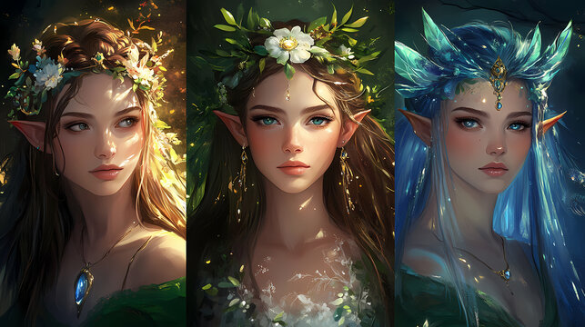 Beautiful fantasy fairy tale elf woman princess portrait collection set wallpaper ai generated image. Fairy Queen. Illustration