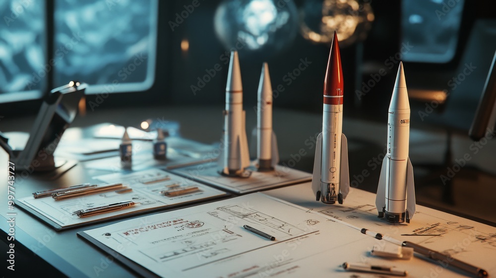 Poster On a desk in a dimly lit workspace, several model rockets stand alongside detailed technical drawings. A few tools and bottles are scattered around, creating an atmosphere of innovation and design.