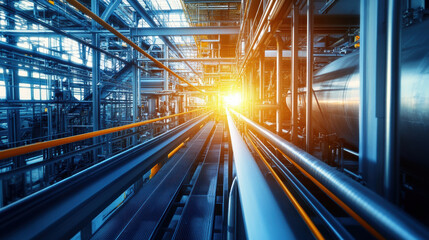 image showcases modern industrial facility with intricate machinery and bright lighting, emphasizing advanced technologies in dynamic environment