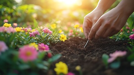 Fototapeta premium Hands using a garden tool to dig a small hole in the soil, surrounded by bright flowers and green plants, sunlight softly illuminating the scene, creating a calm and nurturing environment.