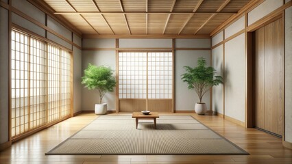 Cleaning empty room interior in japandi wabi sabi style, minimalist, serene, peaceful, Japanese