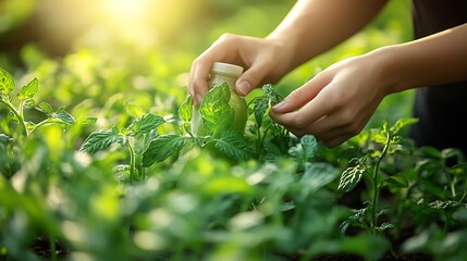 Hands using a homemade garlic spray on tomato plants in a garden, sunlight softly highlighting the lush greenery, eco-friendly gardening methods in a vibrant, sunlit vegetable garden.