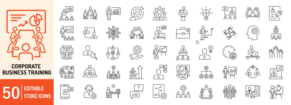 Corporate Business Training editable stroke outline web icons set. Vector illustration