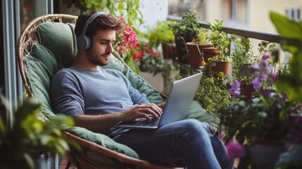 A man with headphones on is sitting in a chair on a balcony with a laptop in his lap. He is typing with his right hand and his left hand is resting on the laptop