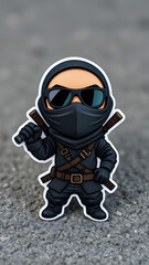 Naklejka premium Cute cartoon ninja character posing confidently with sunglasses and weapons on a blurred background outdoors