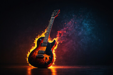Concept of creativity and artistic expression.A colorful guitar with a splash of paint on it. It a vibrant and dynamic appearance.The guitar is surrounded by a splash of paint, giving