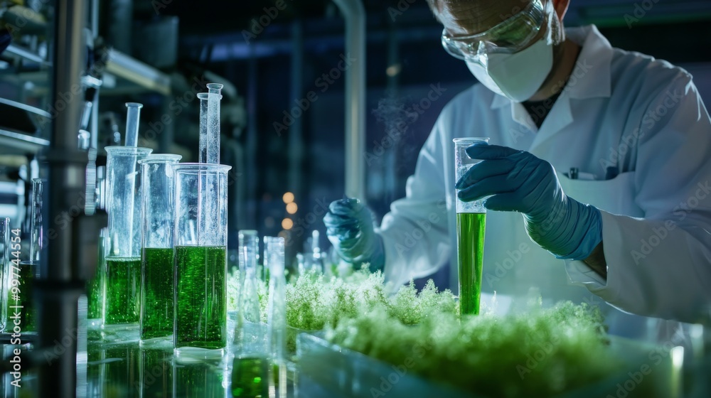 Poster A researcher in a laboratory wears gloves and a mask while analyzing green liquid in glass beakers. The setting is vibrant and illuminated, showcasing various plant specimens and equipment.