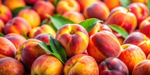 Close-up of juicy and fresh peaches, a bountiful harvest , peaches, fresh, ripe, fruit, abundance, close-up, harvest