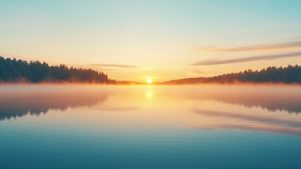 Obraz premium A serene landscape showcasing a vibrant sunrise over a tranquil lake, surrounded by misty trees and soft morning light.