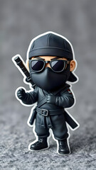 Fototapeta premium A small ninja figurine in a black outfit poses confidently with a sword and sunglasses against a blurred gray background