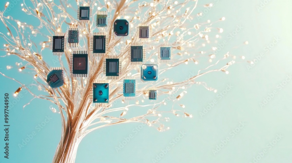 Poster Minimalist Tree Art with Circuit Board Leaves Against Soft Gradient Background
